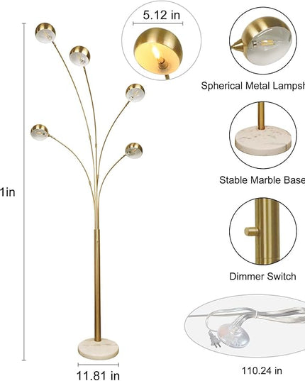 Depuley 5-Light Modern LED Floor Lamp, Adjustable Metal Tall Standing Lamps with Marble Base, Dimmable Spider Floor Lamps with Flexible Rotating Lights for Living Room(Gold, E12 Bulbs Included) - LeafyLoom