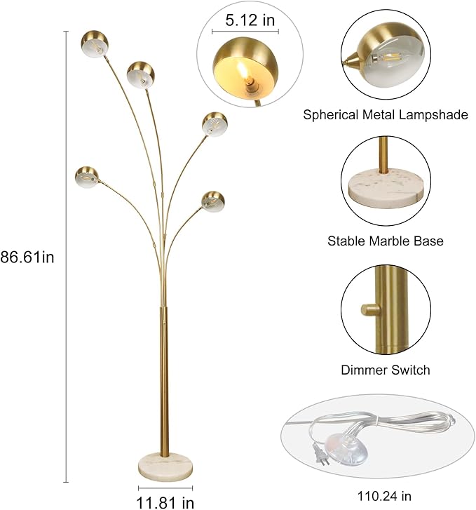 Depuley 5-Light Modern LED Floor Lamp, Adjustable Metal Tall Standing Lamps with Marble Base, Dimmable Spider Floor Lamps with Flexible Rotating Lights for Living Room(Gold, E12 Bulbs Included) - LeafyLoom