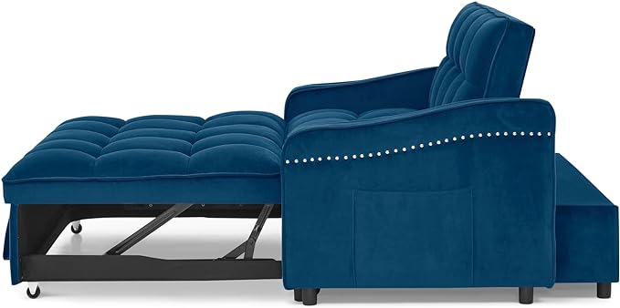 Functional Love Seat Sofabed W/TypeC & USB Port and Copper Nail Decor, Modern Loveseat Sofa Convertible Pull Out Sleeper Couch Bed for Apartment Office Living Room, 53.", Blue-1413 - LeafyLoom