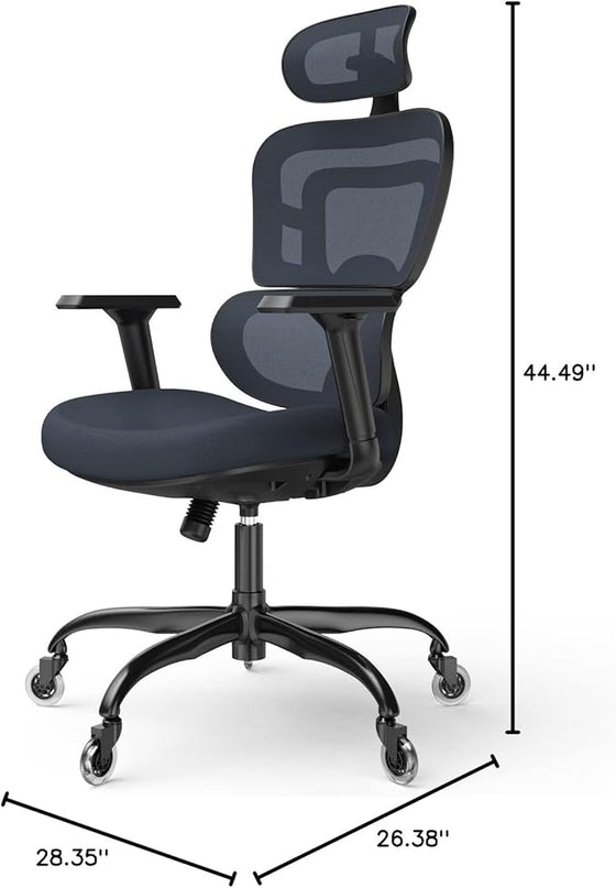 Ergonomic Office Chair - Mesh Office Chair High Back, Rolling Desk Chair, Executive Swivel Chair, Computer Chair with 3D Adjustable Armrest, 3D Lumbar Support, Blade Wheels, Adjustable Headrest - LeafyLoom