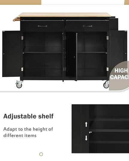 Solid Wood Top, Mobile Carts with Storage Cabinet, Rolling Kitchen Table w/Spice, Towel Rack, and Drawer, Portable Islands on Wheels, Black, 54.33 Inch - LeafyLoom