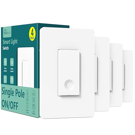 TREATLIFE Smart Switch 4 Pack, 2.4Ghz Smart Light Switch WiFi Light Switch Single-Pole, Neutral Wire Required, Works with Alexa, Google Home and SmartThings, Smart Home Remote Control, FCC Listed TREATLIFE