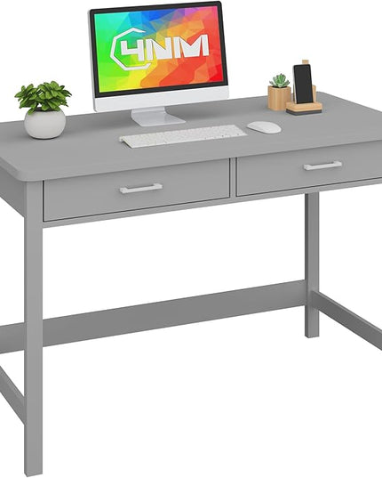 4NM 39.4" Small Desk with Wood Drawers, Home Office Computer Desk with Wooden Legs, Study Writing Table Vanity Desk for Small Spaces - Gray - LeafyLoom