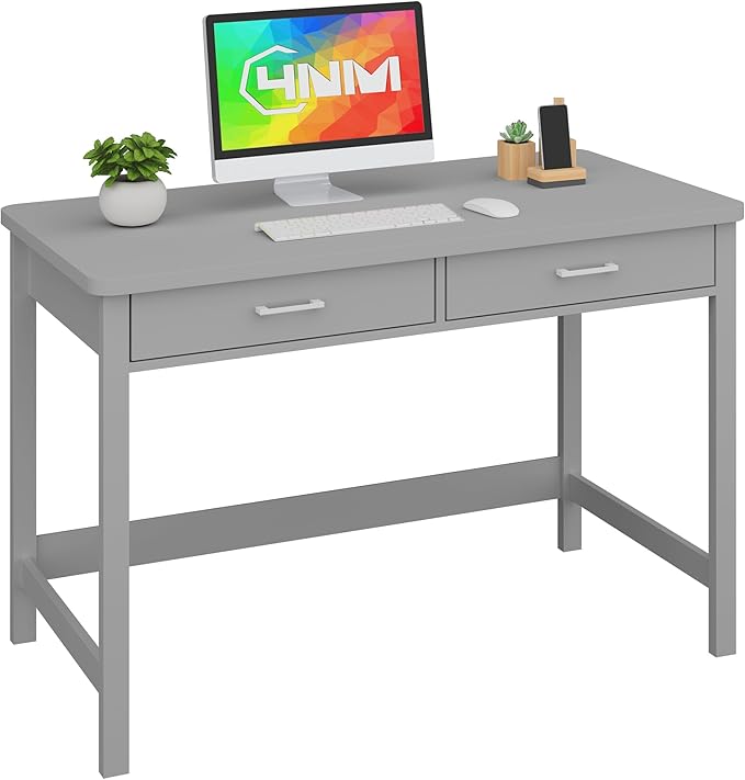 4NM 39.4" Small Desk with Wood Drawers, Home Office Computer Desk with Wooden Legs, Study Writing Table Vanity Desk for Small Spaces - Gray - LeafyLoom