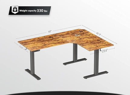 FEZIBO Triple Motor 63" L Shaped Standing Desk, Electric Standing Gaming Desk Adjustable Height, Corner Stand up Desk with Splice Board, Black Frame/Rustic Brown Top - LeafyLoom