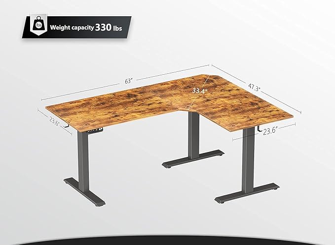 FEZIBO Triple Motor 63" L Shaped Standing Desk, Electric Standing Gaming Desk Adjustable Height, Corner Stand up Desk with Splice Board, Black Frame/Rustic Brown Top - LeafyLoom