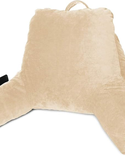 Clara Clark Reading Pillow for Kids, Small Back Pillow for Sitting Up in Bed, Memory Foam Back Support Pillow, Reading Pillows for Sitting in Bed, Beige Cream Gaming Pillow with Arms and Pockets - LeafyLoom