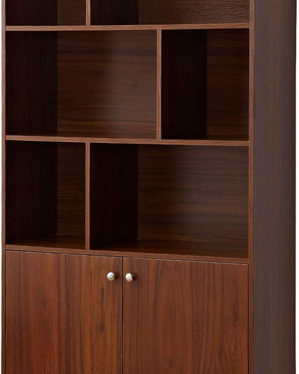 Modern Bookcase with 2 Doors, Wooden Bookshelf Library with 6 Storage Cabinet for Home Office (Walnut) - LeafyLoom