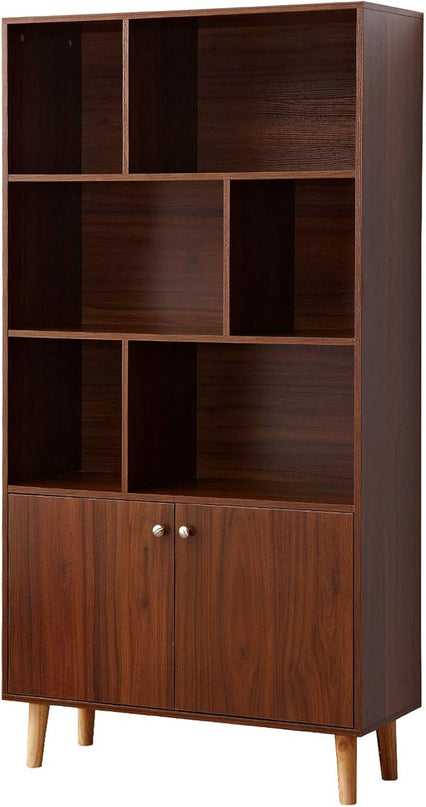 Modern Bookcase with 2 Doors, Wooden Bookshelf Library with 6 Storage Cabinet for Home Office (Walnut) - LeafyLoom