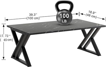 Coffee Table Living Room Table Black Center Table, Simple Modern Faux Marble Rectangular Tea Table with Sturdy Black-Finished Metal Frame,Industrial Wooden Coffee Table for Bedroom Home Office - LeafyLoom