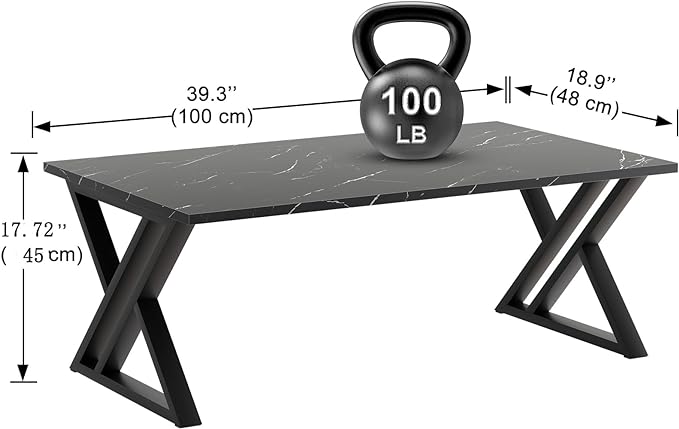 Coffee Table Living Room Table Black Center Table, Simple Modern Faux Marble Rectangular Tea Table with Sturdy Black-Finished Metal Frame,Industrial Wooden Coffee Table for Bedroom Home Office - LeafyLoom