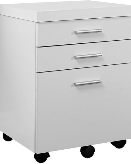 Monarch Specialties White Hollow-Core 3 Drawer File Cabinet on Castors - LeafyLoom