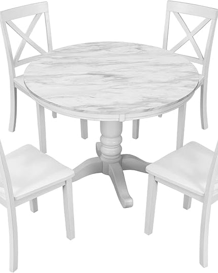 Round 5-Piece Kitchen Room Solid Wood Dining Table and Chairs Set for 4, White - LeafyLoom