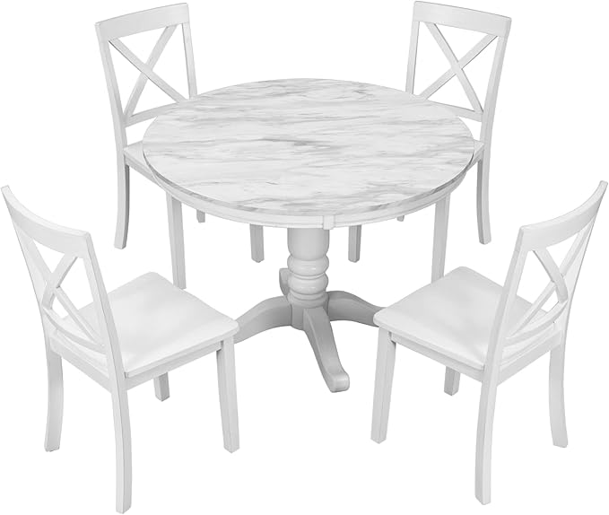 Round 5-Piece Kitchen Room Solid Wood Dining Table and Chairs Set for 4, White - LeafyLoom
