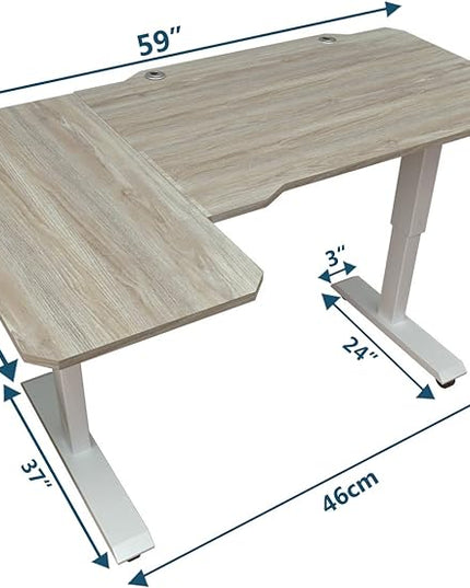 Adjustable Height L-Shaped 59 Inch Electric Standing Desk - Sit Stand Computer Desk, Stand Up Desk Table for Home Office, White Frame and Oak Top - LeafyLoom