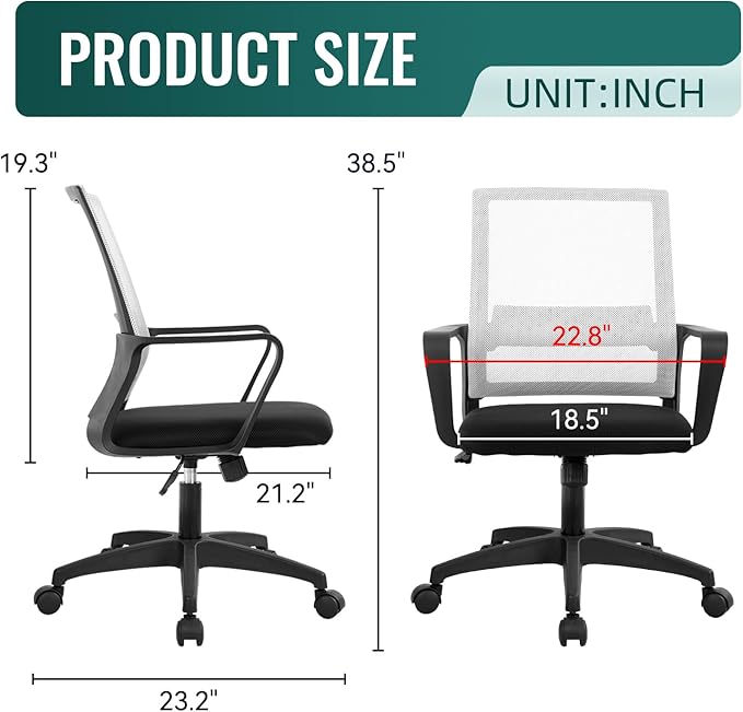 Office Chair Ergonomic Desk Task Chair Mesh Computer Chair Mid-Back Mesh Home Office Swivel Chair Modern Executive Chair with Wheels Armrests Lumbar Support(White) - LeafyLoom