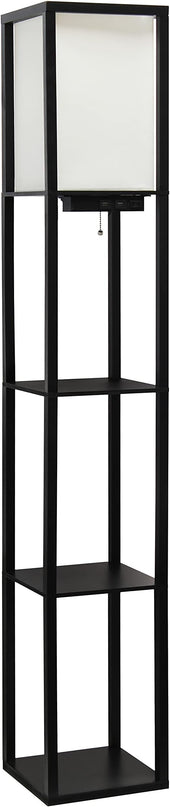Simple Designs LF1037-BLK Floor Lamp Etagere Organizer Storage Shelf with 2 USB Charging Ports, 1 Charging Outlet and Linen Shade, Black - LeafyLoom