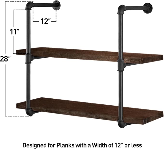 HITOMEN Industrial Iron Pipe Shelves, 2 Set 3-Tier, 28" Tall, 12" Depth, DIY Open Bookshelf Bookcase, Wall Mounted Vintage Retro Shelving, Rustic Farmhouse Pantry Kitchen Storage, Black Shelf Brackets - LeafyLoom