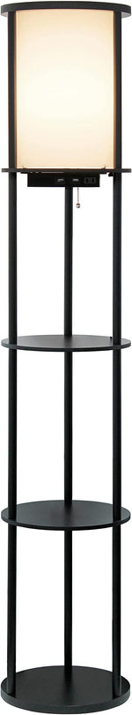 Simple Designs LF2010-BLK 62.5" Round Modern Shelf Etagere Organizer Storage Floor Lamp with 2 USB Charging Ports, 1 Charging Outlet and Linen Shade for Living Room Bedroom Office, Black - LeafyLoom