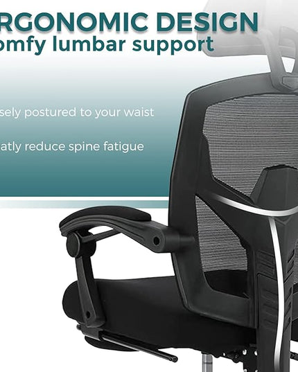 edx Ergonomic Office Chair, Reclining High Back Mesh Computer Desk Swivel Rolling Home Task Chair with Lumbar Support Pillow, Adjustable Headrest, Retractable Footrest and Padded Armrests, Black - LeafyLoom