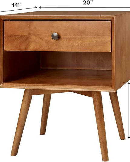 Walker Edison Mid Century Modern Wood Nightstand Side Table Bedroom Storage Drawer and Shelf Bedside End Table, 1 Drawer, Caramel - LeafyLoom
