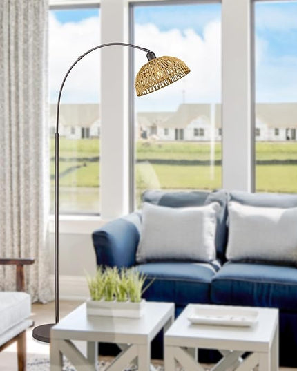 Rattan Floor Lamp, Retro Boho Arc Standing Lamp with Remote Control and LED BuLB Farmhouse Bamboo Lamp Shade Floor Light Industrial Tall Lamp (Oil Rubbed Bronze) - LeafyLoom