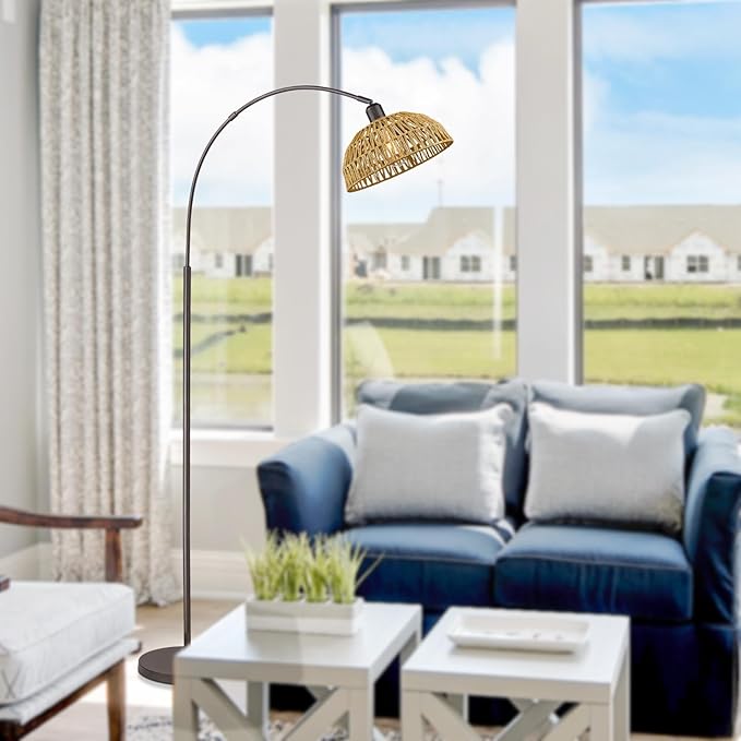 Rattan Floor Lamp, Retro Boho Arc Standing Lamp with Remote Control and LED BuLB Farmhouse Bamboo Lamp Shade Floor Light Industrial Tall Lamp (Oil Rubbed Bronze) - LeafyLoom