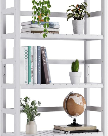 Bookshelf, 6-Tier Tall Bookcase Freestanding Bamboo Book Shelf Bathroom Storage Organizer with Adjustable Shelves, White - LeafyLoom