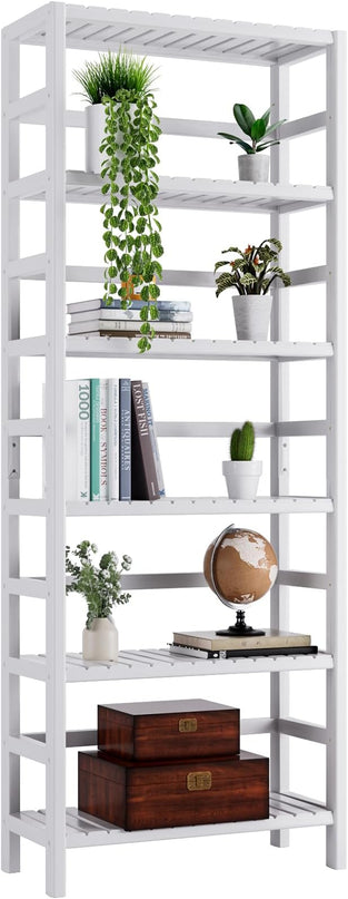 Bookshelf, 6-Tier Tall Bookcase Freestanding Bamboo Book Shelf Bathroom Storage Organizer with Adjustable Shelves, White - LeafyLoom