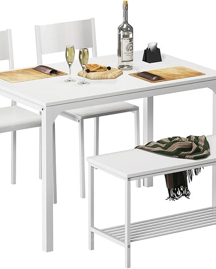 SogesPower Dining Room Table Set 43 Inch Kitchen Table Set with 2 Chairs and Bench, Dining Room Table Set for 4 Home, Kitchen, Dining Room, Restaurant, White - LeafyLoom