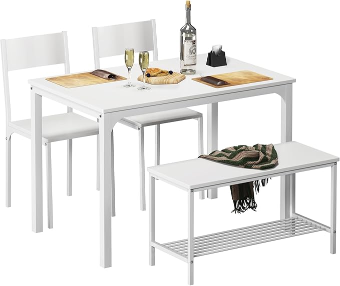 SogesPower Dining Room Table Set 43 Inch Kitchen Table Set with 2 Chairs and Bench, Dining Room Table Set for 4 Home, Kitchen, Dining Room, Restaurant, White - LeafyLoom