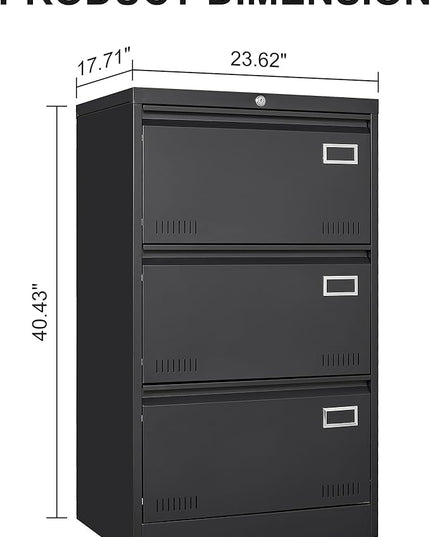 3 Drawer Lateral Lock and Card Holder, Multifunctional Metal Filing Cabinets w/Heavy 3 Section Slide Rail & Breathable Holes,for Legal/Letter/A4,Black - LeafyLoom