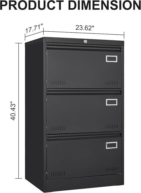 3 Drawer Lateral Lock and Card Holder, Multifunctional Metal Filing Cabinets w/Heavy 3 Section Slide Rail & Breathable Holes,for Legal/Letter/A4,Black - LeafyLoom