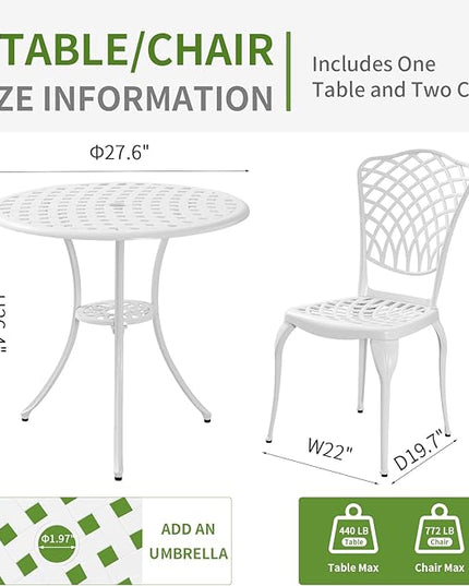 3 Piece Outdoor Bistro Set, Cast Aluminum Bistro Table and Chairs, Rust-Resistant Patio Furniture Set, White Bistro Set 3 Piece Outdoor for Garden, Backyard, Balcony - LeafyLoom