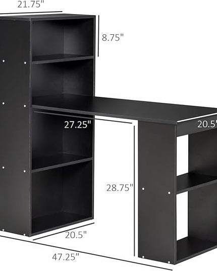 HOMCOM Modern Home Office Desk with 6-Tier Storage Shelves, 47" Writing Table with Bookshelf, Black - LeafyLoom