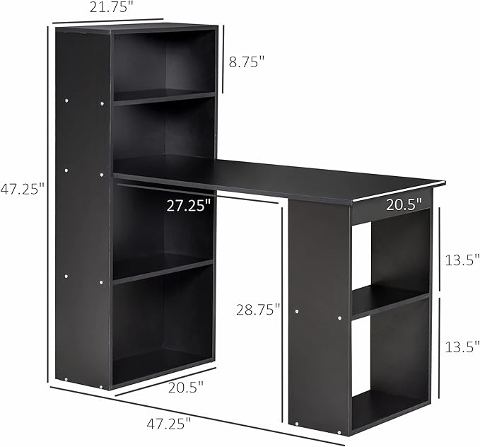 HOMCOM Modern Home Office Desk with 6-Tier Storage Shelves, 47" Writing Table with Bookshelf, Black - LeafyLoom