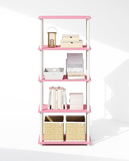 Furinno Turn-N-Tube 5-Tier Multipurpose Compact Display Rack, Shelving Unit, Bookcase, Pink/White - LeafyLoom