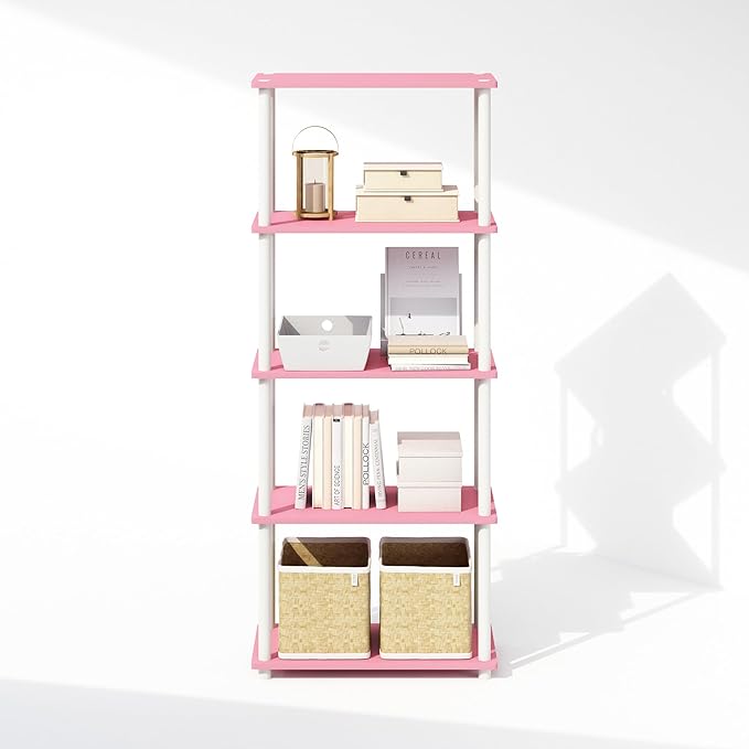 Furinno Turn-N-Tube 5-Tier Multipurpose Compact Display Rack, Shelving Unit, Bookcase, Pink/White - LeafyLoom