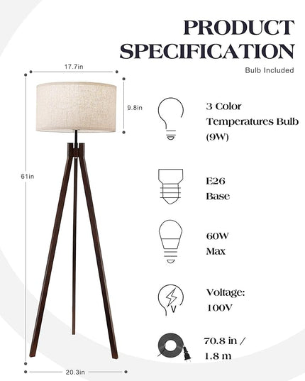 ELYONA Wood Tripod Floor Lamp for Bedroom, 3 Color Temperatures & Linen Shade, Modern Reading Standing Lamp with 9W LED Bulb, Mid Century Night Light for Farmhouse, Living Room, Office, Walnut - LeafyLoom