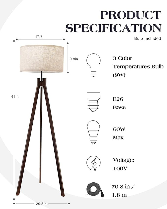 ELYONA Wood Tripod Floor Lamp for Bedroom, 3 Color Temperatures & Linen Shade, Modern Reading Standing Lamp with 9W LED Bulb, Mid Century Night Light for Farmhouse, Living Room, Office, Walnut - LeafyLoom