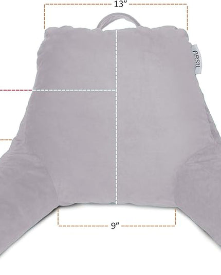 Clara Clark Reading Pillow for Kids, Small Back Pillow for Sitting Up in Bed, Memory Foam Back Support Pillow, Reading Pillows for Sitting in Bed, Grey Lavender Gaming Pillow with Arms and Pockets - LeafyLoom