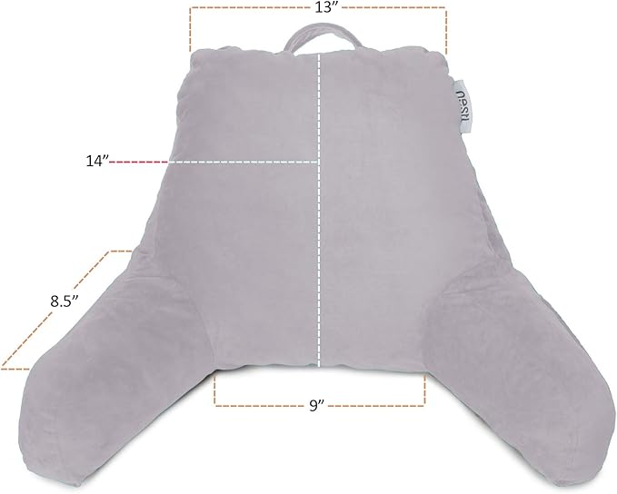 Clara Clark Reading Pillow for Kids, Small Back Pillow for Sitting Up in Bed, Memory Foam Back Support Pillow, Reading Pillows for Sitting in Bed, Grey Lavender Gaming Pillow with Arms and Pockets - LeafyLoom