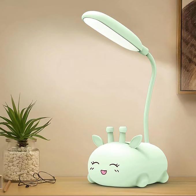 Cute Deer Lamp USB Rechargeable Reading Light,LED Desk Lamp for Kids, Portable LED Table Light, Flexible Gooseneck Eye-Care Cartoons Small Desk Lamp Girls Gifts (Green) - LeafyLoom