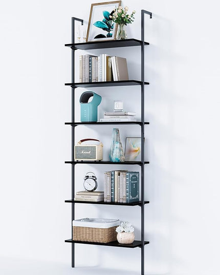 ODK 6-Tier Ladder Shelf, 87 Inches Wall Mounted Ladder Bookshelf with Metal Frame, Open Industrial Shelves for Home Office, Bedroom and Living Room, Black - LeafyLoom