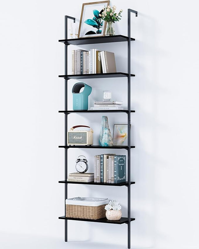 ODK 6-Tier Ladder Shelf, 87 Inches Wall Mounted Ladder Bookshelf with Metal Frame, Open Industrial Shelves for Home Office, Bedroom and Living Room, Black - LeafyLoom