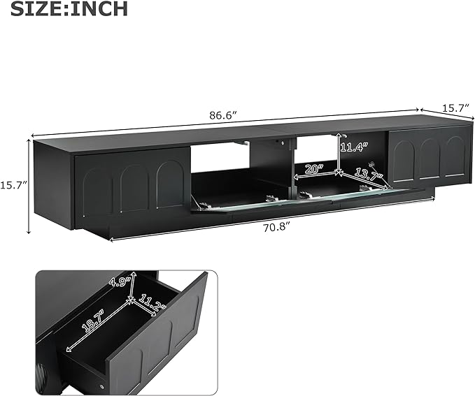 Merax TV Stand for Televisions Up to 95'', Functional Media Console with APP-Controlled Smart LED Light, Arched Cabinet Doors and Fluted Glass Doors, Entertainment Center, for Living Room, Black - LeafyLoom