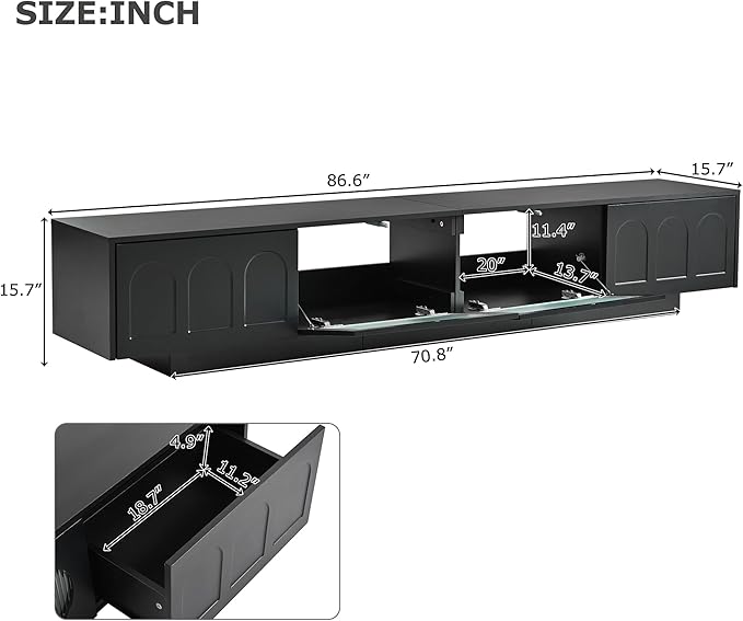 Stand with Fluted tempered Glass TVs Up to 95'', Functional Media Console with Arched Cabinet Doors, Entertainment Center with APP-Controlled LED Light for Living Room, Black, 86.60 inch Length - LeafyLoom