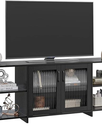 Panana TV Stand for 70 inch TV, Entertainment Center TV Console Table TV Storage Cabinets Media Console with 2 Doors and Open Shelves, 4 Cubby for Living Room Bedroom, Black - LeafyLoom