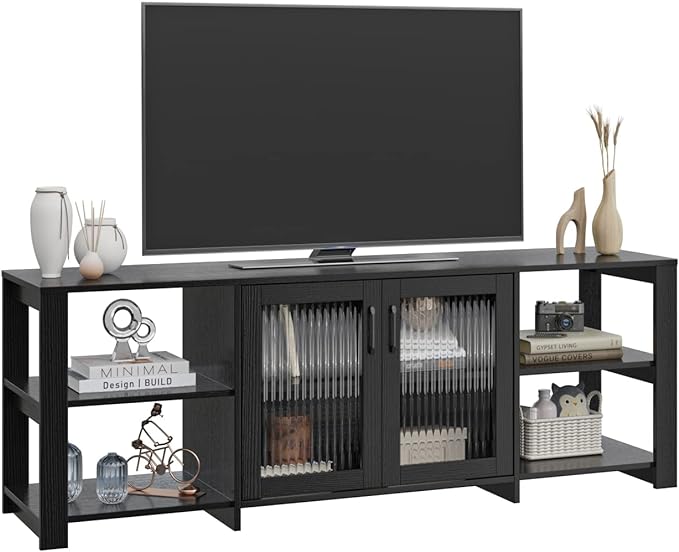 Panana TV Stand for 70 inch TV, Entertainment Center TV Console Table TV Storage Cabinets Media Console with 2 Doors and Open Shelves, 4 Cubby for Living Room Bedroom, Black - LeafyLoom