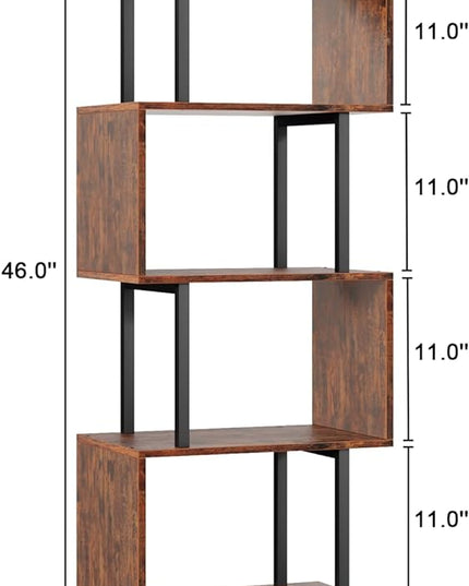Furologee 5-Tier Bookshelf, S-Shaped Geometric Bookcase, Narrow Freestanding Display Shelves, Modern Wood Decorative Storage Shelving Rack for Bedroom, Living Room, Home Office, Rustic Brown - LeafyLoom
